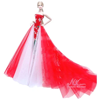 1 kom. Lutkarski vjenčanicu, crvena odjeća s dugim repom, Čipkan večernja haljina Princeze za lutke Barbie, Odijevanje, Oprema za Kuću iz snova
