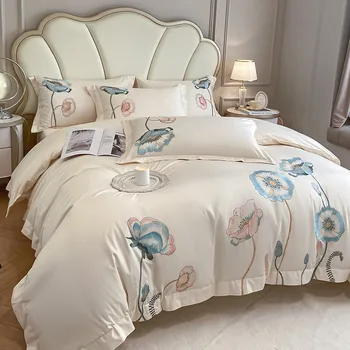 100% Pamuk Bijeli Plavi Premium Elegantan Set Posteljine Soft Šik Cvjetni Print Deka Krevetu Jastučnicu Kraljica Kralj 4kom