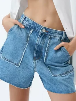 2023 Ljetne Ženske Plave traper kratke hlače s raw ruba, džepovima sa visokim strukom, Ravne i Kratke hlače, Ženske uličnu odjeću u retro stilu, Casual Šik hlače