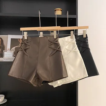 2023 Novi Korejski Šik Kratke hlače od umjetne kože sa džepovima na visok struk, Svakodnevne Modne Elegantne i Šik kratke hlacice, Osnovne hlače za temperamenta, Ženska odjeća