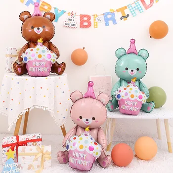 4D Sjedi i drži kolač, medvjeda, balon od aluminijske folije, мультяшное ukras za dječji rođendan i rekviziti