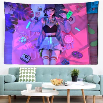 Anime-Tapiserija, Кавайный slatka Ženski dekor za spavaću sobu Djevojke, Zidni Pink Tapiserija, Dekoracija soba u japanskom stilu Cyberpunk