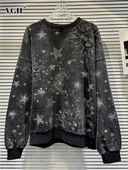 Casual majica VGH u patchwork stilu s dijamantima Хитового boje, okrugli izrez, Dugi rukav, Minimalistički Slobodan pulover, Veste, Ženstvene