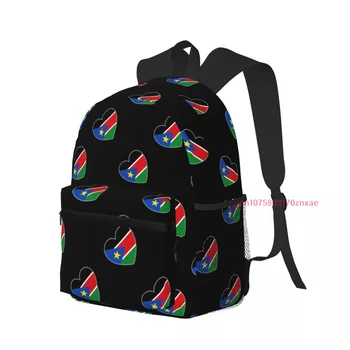 Casual ruksak sa motivima zastave, Južnog Sudana u obliku Srca, jednostavan školski ruksak, Putnu torbu, Bočni džepovi za boce Unisex