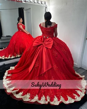 Crveno Loptu haljina Princeze, Bujna Haljine s Lukom, Zlatno Čipka, 3D Cvijeće, Aplike, Dijamanata, Slatke 16 Vestidos De 15 Años