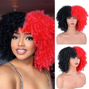 Curly afro Perika za crne žene, Kratke curly perika s šiške, 12 cm, smeđe afro kosu, sintetička vlakna, бесклеевые kosu za косплея