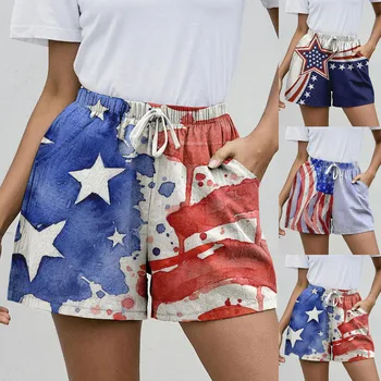 Dan Neovisnosti, Ženske Uzorcima s američkom Zastavom, Svakodnevne Kratke hlače s fleksibilnim gumenom trakom oko struka, Kratke hlače 4. srpnja džep