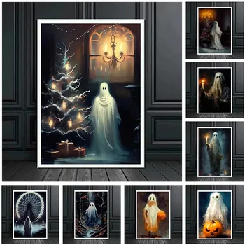 Dark Academia Art Nezaboravna Duh Platnu Zid umjetnost Gotike Halloween Bundeve lantern Duh Plakat Ispise Za uređenje doma