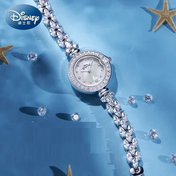Disney Za Žene Satovi Princeza Sirena Elegantne Luksuzne Kvarcni Ručni Sat Sa Sjajnim kubični cirkon i Biserima U Obliku Školjke Riblji Rep Remen Reloj Mujer