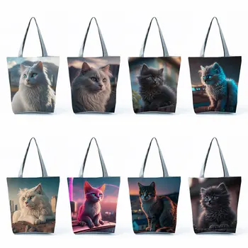 Eko višekratnu upotrebu vrećice za kupovinu, ženske torbe plaža-тоут, slatka vrećice s po cijeloj površini mačka, Izravna dostava, cool stil, veliki kapacitet, crtani film