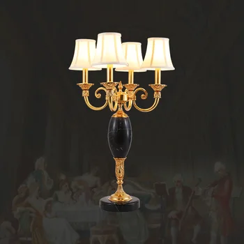 Europska lampe od mesing tkanine sa 4 Žarulje, Američki Stil, Luksuzni dnevni boravak, Noćni ormarić hotelske sobe, Crna Mramorna Bakar stolna lampa