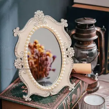 Francuska Винтажное Ogledalo za šminkanje u razdoblju rezbareni okvir u stilu Francuskog dvora, Luksuzno stolno ogledalo u boemskom stilu, rekvizite za snimanje, kućni dekor