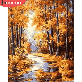 HUACAN Slika Po Broju Jesen Šumski Krajolik Slika Na Platnu Slika je Stablo Dekoracije Seta DIY Okvir Dar Ukras Kuće