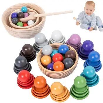 Igračke za sortiranje po boji, Drvene kuglice i tanjurić, Sortiranje po boji, igračka Montessori, Drvene odgovarajuće igračke za rano učenje