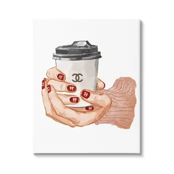 Industries, što drže u rukama šalicu kave, moderan dizajn, lak za nokte, platno, zid umjetnost, 24 x 30, dizajn Ziwei Li