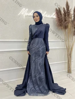 Jednostavne satin muslimanski večernje haljine s dugim rukavima, Aplike, Islamske večernje haljine s visokim воротом, Ženske Arapski haljine De Soirée