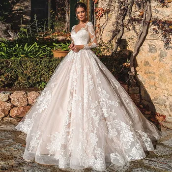 Jednostavno elegantna vjenčanica, Vjenčanja haljina s dugim rukavima, Robe De Mariee, Iluzija leđa, Trouwjurk, O-dio dekoltea, Prekrasna haljina za vjenčanje