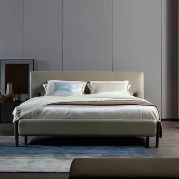 Jednostavno luksuzna kožna krevet za roditelje i djecu 1,8 m, Kvadratni okvir kreveta od skandinavskog drveta, Podnih par, Fleksibilna unutrašnja namještaj Cama