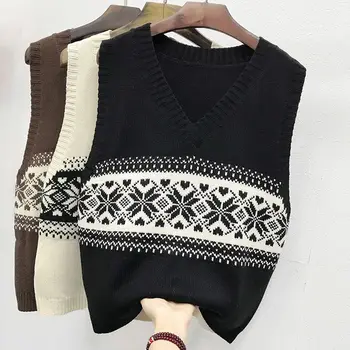 Jesen osnovni Skraćene Džemper, prsluk bez rukava sa V-izrez u patchwork stilu, Slobodan pletene pulover, džemper, prsluk u vintage stilu Uredan U1332