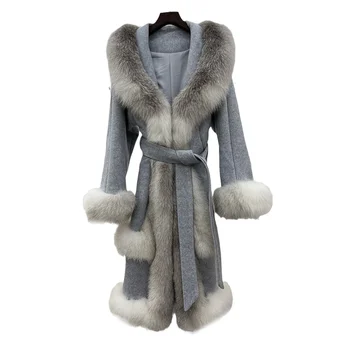 Kaput od prirodnih лисьего krzna, Luksuzna Odjeća, Donje kaput od prave ovčje vune, Topla gusta Ženska odjeća