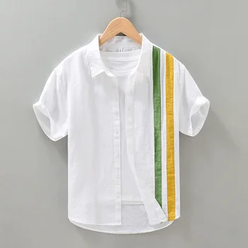 Klasicni Muška majica s kratkim rukavima od čistog lana kontrastne boje, ljetna košulja za vaš odmor svakodnevni univerzalni majica, majice, vanjska odjeća
