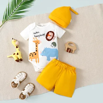 Komplet odjeće od 3 predmeta za novorođenog dječaka od 1 do 24 mjeseci, bijeli top s kratkim rukavima i likom iz crtića + žuti šorc + šešir, Funky slatka ljetna casual odjeća