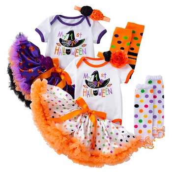 Kompleti Odjeće za djevojčice na Halloween iz 4 predmeta, kostimi za novorođenčad, kombinezon s kratkim rukavima i po cijeloj površini i za malu djecu, body + suknja + povez za glavu + tajice, kit