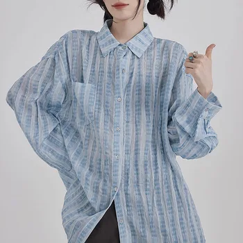 Korejski ženska košulja dugih rukava, однобортная, na zakopčane, Casual, Slobodna, ljeto, s odbačenost ovratnik, Elegantne office ženske majice