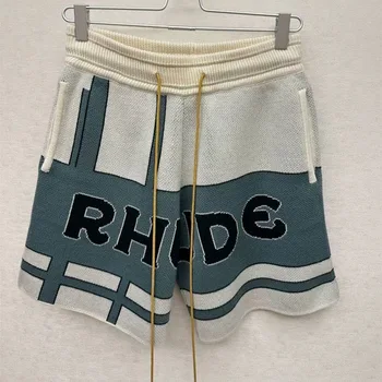 Kratke hlače RHUDE u Retro stilu s буквенным logotipom i Слоганом, Žakard Vunene Gaćice 1: 1 Оверсайз, muške i ženske Kratke hlače Bijele i plave, S-XL