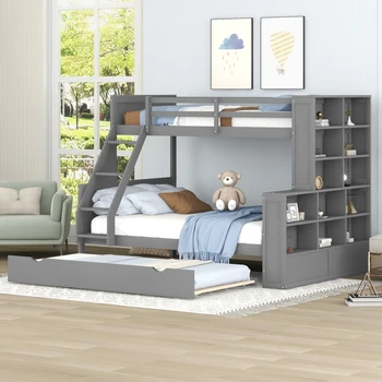 Krevet na kat, dva kreveta za jednu osobu nad ispunjenje krevetom na kat s pomičnim kutije i police, može se podijeliti u tri odvojena kreveta-platforme, jaka i izdržljiva