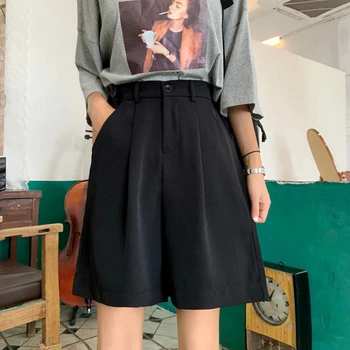 Ljetne Crne široke hlače na zakopčane dužine do koljena, ženske Slobodne Zamotan svakodnevne ženske office ulične gaćice u korejskom stilu, jednostavna moda