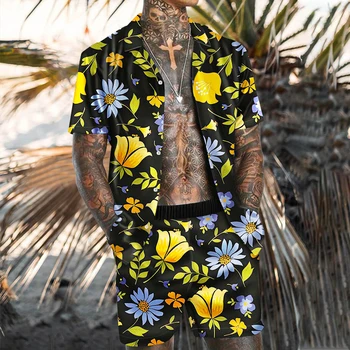 Ljetne muške Havajski setove S cvjetnim ispis Košulja na zakopčane kratkih rukava Plaža Kratke hlače Svečane muško odijelo-dvojka Kardigan Visoke kvalitete
