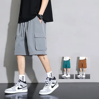Ljetne muške svakodnevne kratke hlacice-teretni s fleksibilnim gumicom u struku u korejskom stilu, slobodne radne kratke hlače za muškarce, običan kratke hlače s puno džepova Y2k, novi
