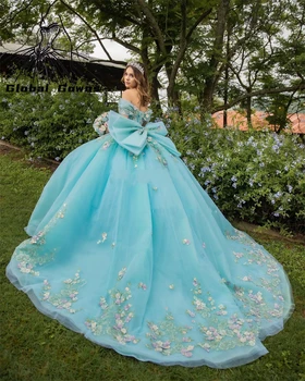 Loptu haljina Princeze boje Plavog jezera sa otvorenim ramenima, Raskošnom haljina za djevojčice, aplike iz zrna, Haljine za rođendan, haljine za maturalnu večer