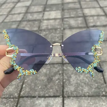 Luksuzni Sunčane naočale sa dijamant-Leptir, Ženski brand Y2k, Berba sunčane naočale rimless, Ženske Plave, Ružičaste Naočale NX