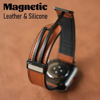 Magnetska Sklopivi Spone Silikon i Kožni Remen za Apple Watch Ultra 49 mm 45 mm 44 mm 41 40 mm Remen Za sat Od prave Kože sa gumenom trakom