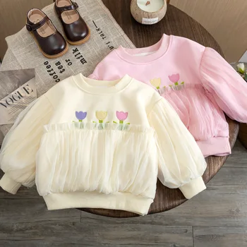 Majica za djevojčice, Dječji čipke džemper s cvjetnim uzorkom, zbirka 2023 godine, Proljeće i jesen majice s cvjetnog vezom, Dječje odjeće u korejskom stilu