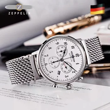 Mens Zeppelin, Njemački muški sat, Kvarcni sat s хронографом, Gospodo jednostavan poslovni svakodnevne vodootporan sat s remenom od nehrđajućeg čelika
