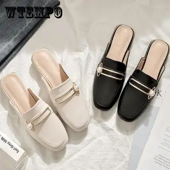 Moderni papuče od meke kože s trga s pete, tanke ženske cipele Baotou na debelim potpeticama, bez-uvezivanje, korejski moda, britanski stil za putovanje na posao