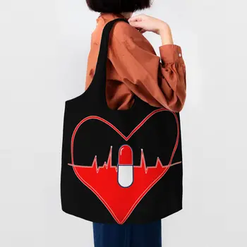 Modna torba za shopping po cijeloj površini u obliku srca i tableta, čvrste холщовые torbe za kupovinu na ramena, torbe