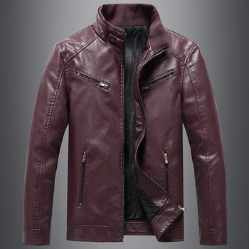 Muška jakna od umjetne kože, jesensko-zimsko флисовое мотоциклетное kožni kaput na munje, monotono vintage muška утепленная topla jakna-бомбер
