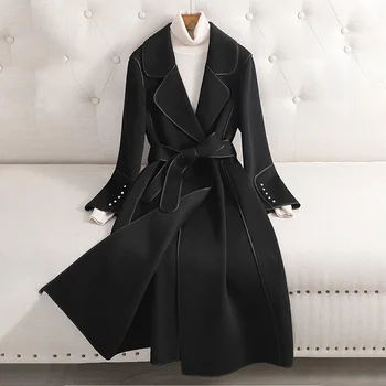 Nova Elegantna Duga Bilateralna kaput, od 100% vune, Donje Tanki Kaput od Prirodne Vune Laepl čipka-up, Korejski Moda, Облегающий Stil, Proljeće-Jesen