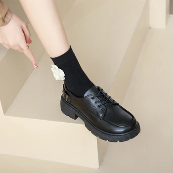 Nove Kožne cipele-Oxfords na platformi, Ženske Proljeće-Jesen Crne cipele na ravne cipele sa uvezivanje Klasična Ženska Studentska cipele s debelim Potplatima 2023