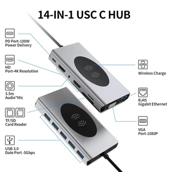 Novi USB hub C 14 u 1, priključna stanica za prijenosno računalo s omogućenom značajkom bežičnog punjenja, trostruki prikaz kompatibilan s 4K HDMI, 5 ulaza za USB 3.0