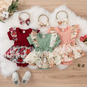 Odjeća za novorođenčad, Pletene kombinezon, Moderan kostim za djevojčice, Kombinezon kratkih rukava i lukom s cvjetnim ispis, Ljetna odjeća