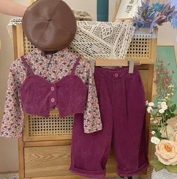Proljeće i jesen 2023, novi kompleti odjeće za djevojčice, univerzalni t-shirt s cvjetnim ispis + moderan вельветовый prsluk + svakodnevne hlače, dječji kostim