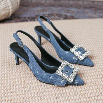 Proljeće-ljeto Nove traper sandale s rupom od šiljastog gorskog kristala na tankom visoku petu cipele za svaki dan, univerzalne ženske cipele veličine