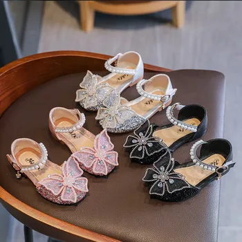 Sandale za djevojčice 2023, Ljetni Novi Trendi Cipele Princeza s lukom, Dječje mekani potplat, Svijetle cipele za ples s dijamantima, Cipele za nastupe