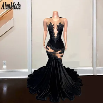 Seksi Crne haljine Sirena za prom čipkom aplikacija, Prozirne večernje haljine, Večernje odjeće, Baršun ogrtači za večeru večeri