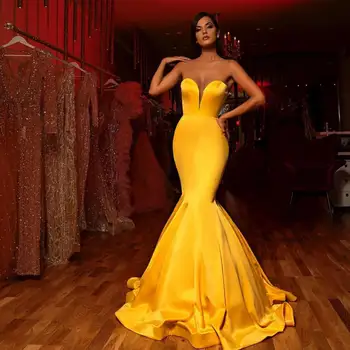 Seksi tamno žute haljine Sirena s V-izrez, službena stranka za odrasle 2023, odjeća za djevojčice na red